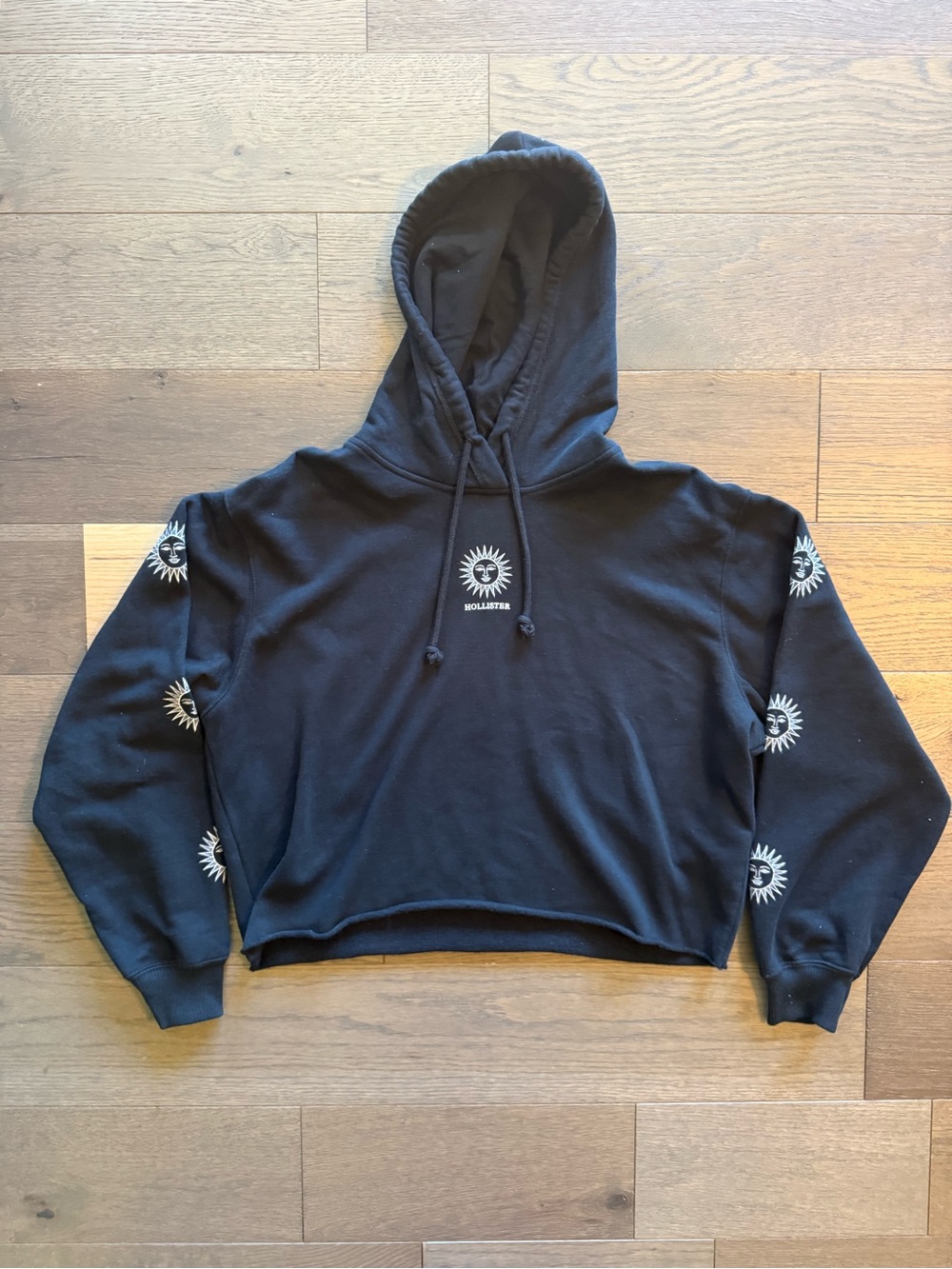 Hollister Black Crop Hoodie with Embroidered Sun Logo Women’s Large